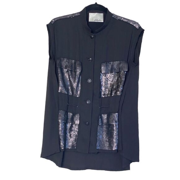 3.1 Phillip Lim Black 100% Silk Sequin Accent Sleeveless Blouse Sz 4 - Picture 2 of 16